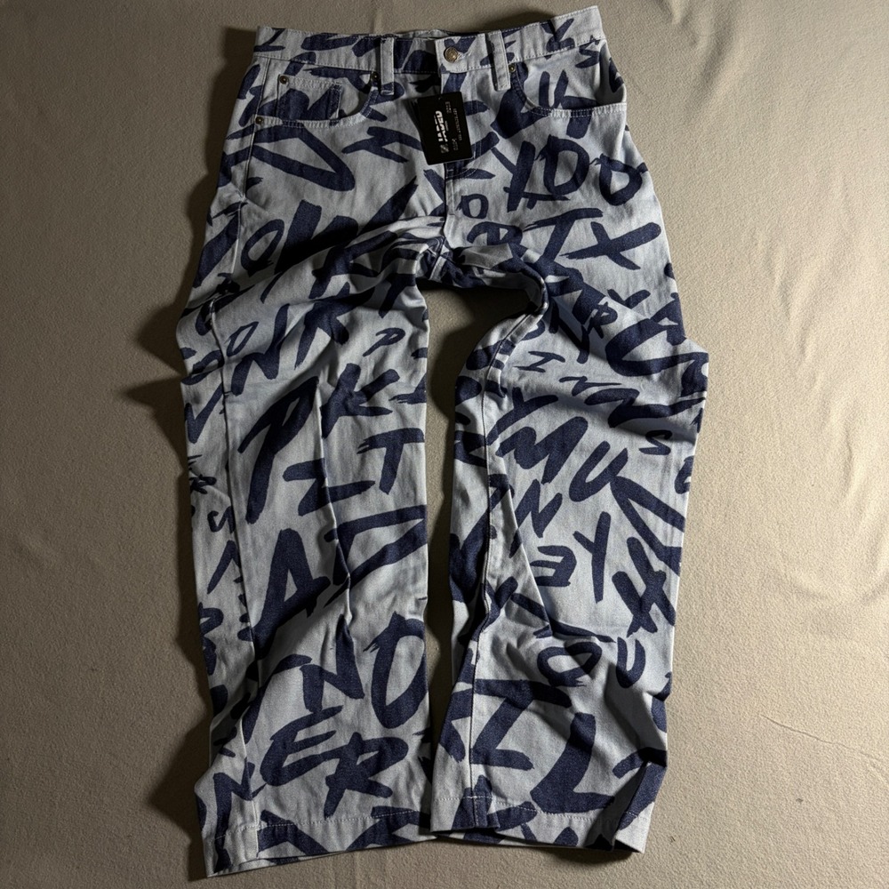 Jaded London Discharge Graffiti Skate Jeans Mens 32 Blue White JMJE1662 Tagged